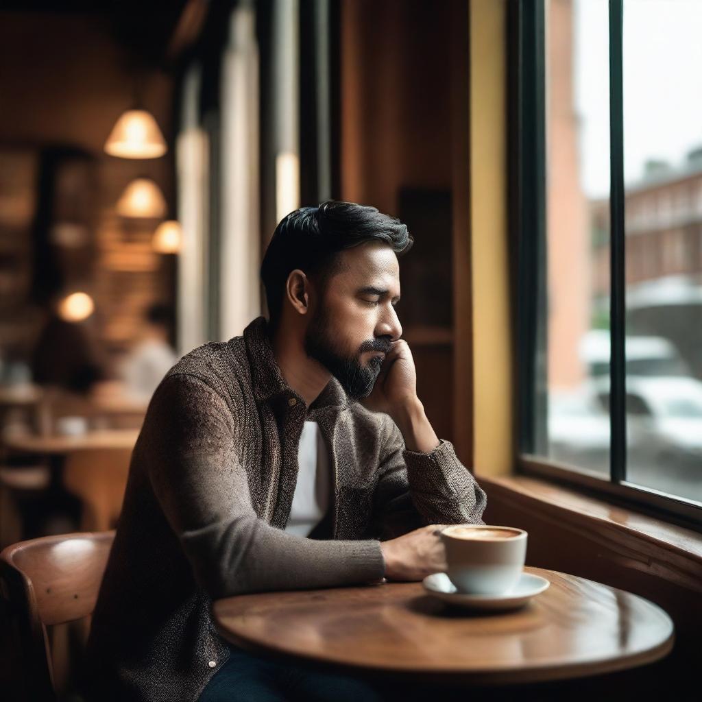 A man sitting in a cozy coffee shop, looking thoughtfully out of the window