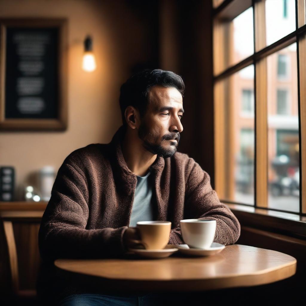 A man sitting in a cozy coffee shop, looking thoughtfully out of the window