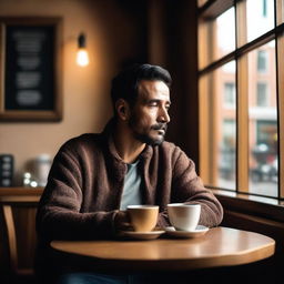 A man sitting in a cozy coffee shop, looking thoughtfully out of the window