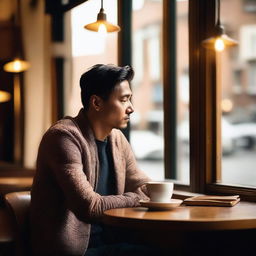 A man sitting in a cozy coffee shop, looking thoughtfully out of the window