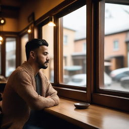 A man sitting in a cozy coffee shop, looking thoughtfully out of the window