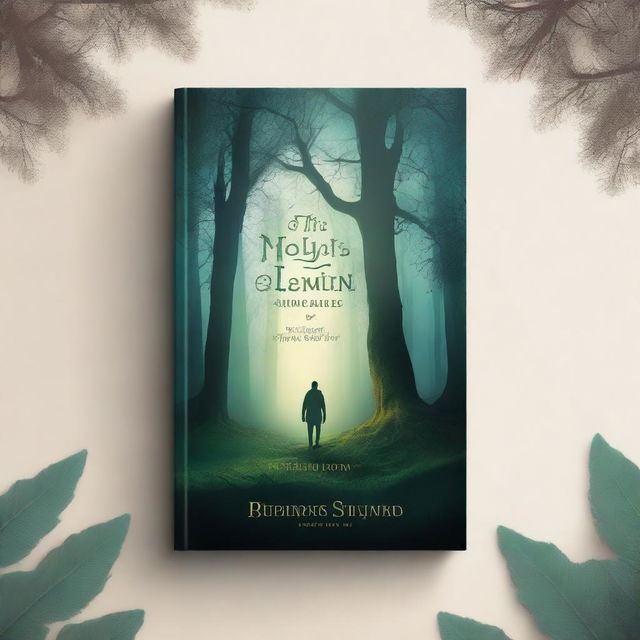 A captivating book cover featuring an enchanted forest with a mystical glow, ancient trees, and a hidden path leading to an unknown destination