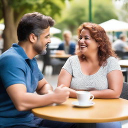 A 50-year-old curvy woman flirting with a young man, wearing a low-cut top