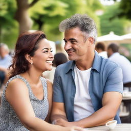 A 50-year-old curvy woman flirting with a young man, wearing a low-cut top