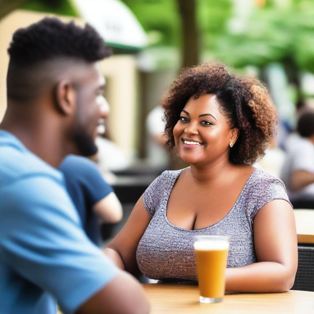 A 50-year-old curvy woman flirting with a young man, wearing a low-cut top