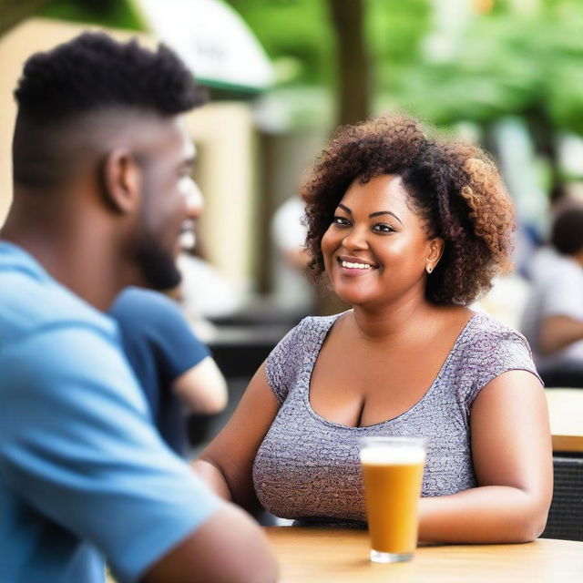 A 50-year-old curvy woman flirting with a young man, wearing a low-cut top