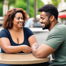 A 50-year-old curvy woman flirting with a young man, wearing a low-cut top