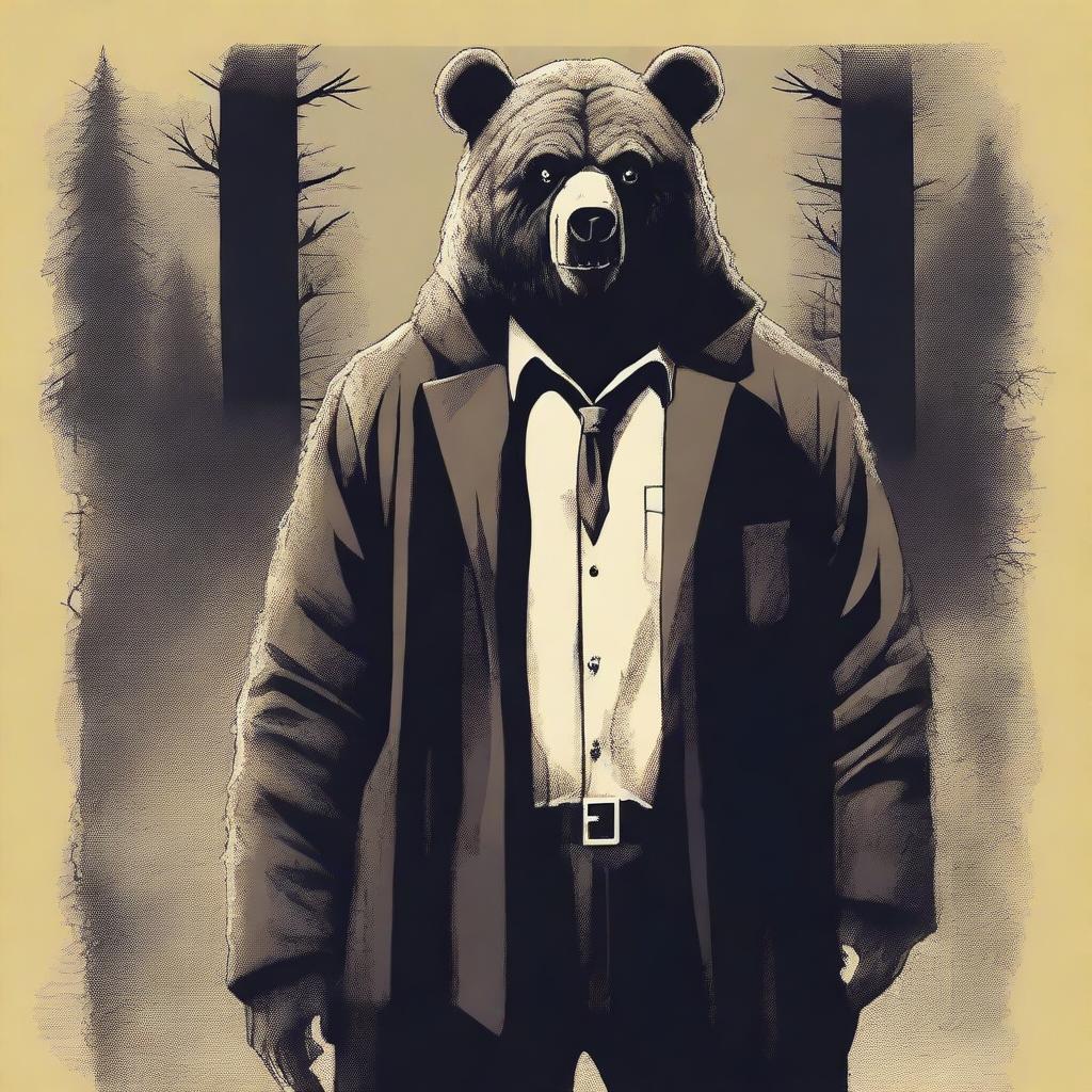 Design an old school horror film poster for cinemas featuring a man in a terrifying mascot bear costume