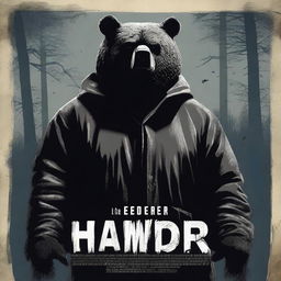 Design an old school horror film poster for cinemas featuring a man in a terrifying mascot bear costume