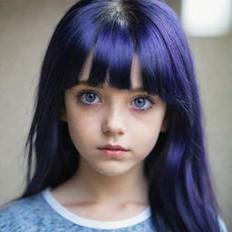 A young girl with dark blue hair and mysterious purple eyes.