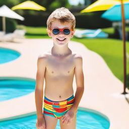 A young white boy wearing a colorful swimming costume, standing by the poolside with a bright, sunny day in the background