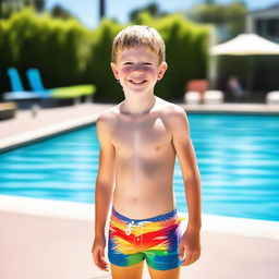 A young white boy wearing a colorful swimming costume, standing by the poolside with a bright, sunny day in the background