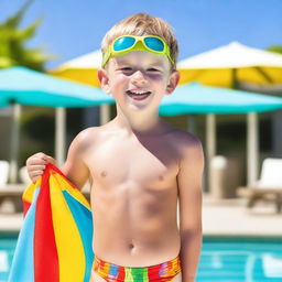 A young white boy wearing a colorful swimming costume, standing by the poolside with a bright, sunny day in the background