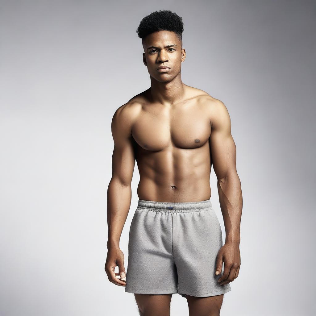 A man wearing Nike boxer shorts, standing in a casual pose