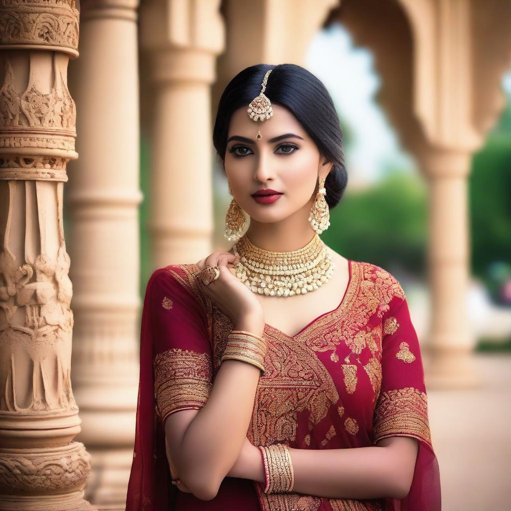 A beautiful Indian model posing confidently in traditional attire, with intricate jewelry and a stunning background that highlights her elegance and charm