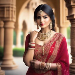 A beautiful Indian model posing confidently in traditional attire, with intricate jewelry and a stunning background that highlights her elegance and charm