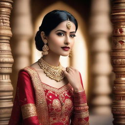 A beautiful Indian model posing confidently in traditional attire, with intricate jewelry and a stunning background that highlights her elegance and charm