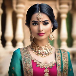 A beautiful Indian model posing confidently in traditional attire, with intricate jewelry and a stunning background that highlights her elegance and charm