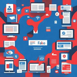 A modern ebook cover about fake news, featuring social media icons and news symbols