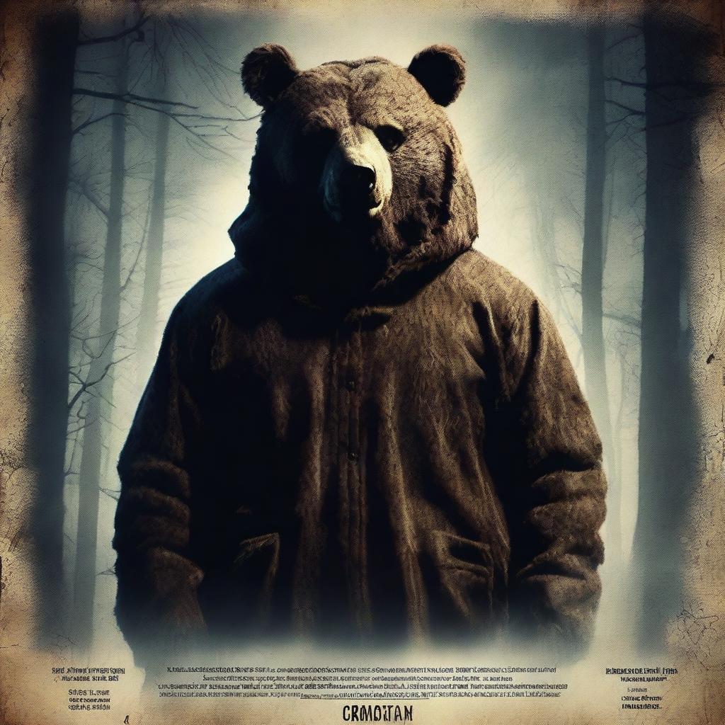 Create an old school horror film poster for cinemas featuring a man in a terrifying mascot bear costume