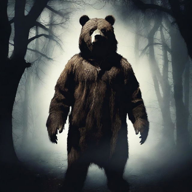 Create an old school horror film poster for cinemas featuring a man in a terrifying mascot bear costume