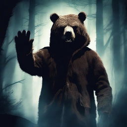 Create an old school horror film poster for cinemas featuring a man in a terrifying mascot bear costume