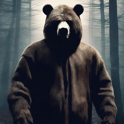 Create an old school horror film poster for cinemas featuring a man in a terrifying mascot bear costume