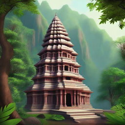 A serene Hindu temple nestled in the mountains, surrounded by lush greenery