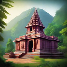 A serene Hindu temple nestled in the mountains, surrounded by lush greenery