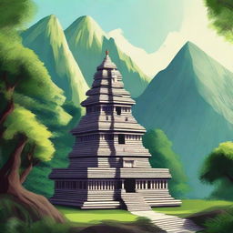 A serene Hindu temple nestled in the mountains, surrounded by lush greenery