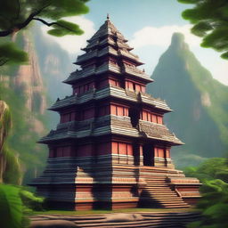 A serene Hindu temple nestled in the mountains, surrounded by lush greenery