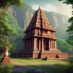 A serene Hindu temple nestled in the mountains, surrounded by lush greenery