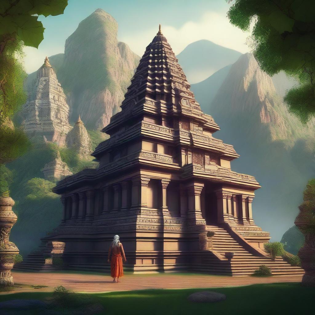 A serene Hindu temple nestled in the mountains, surrounded by lush greenery