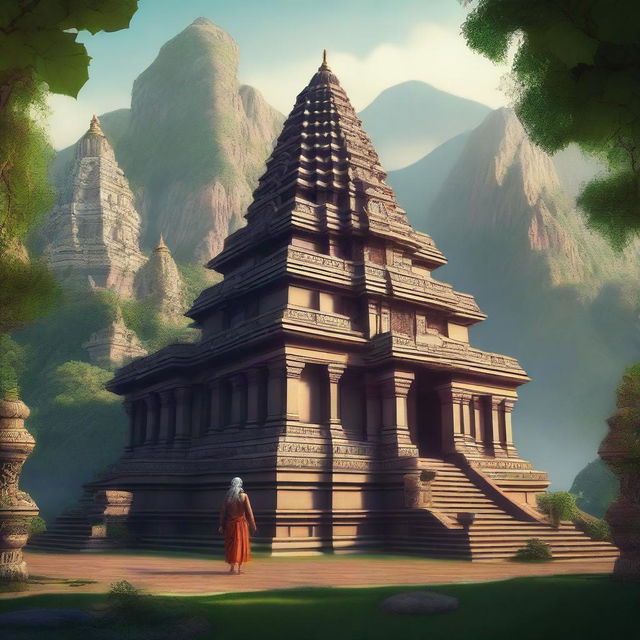 A serene Hindu temple nestled in the mountains, surrounded by lush greenery