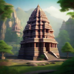 A serene Hindu temple nestled in the mountains, surrounded by lush greenery