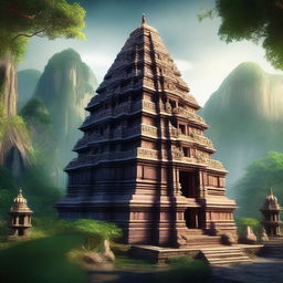 A highly realistic depiction of a serene Hindu temple nestled in the mountains, surrounded by lush greenery