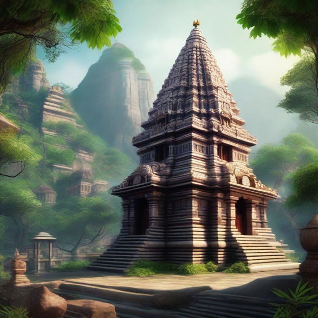 A highly realistic depiction of a serene Hindu temple nestled in the mountains, surrounded by lush greenery