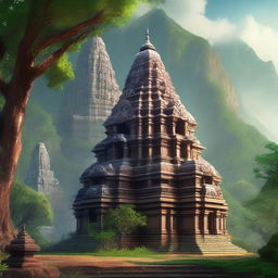 A highly realistic depiction of a serene Hindu temple nestled in the mountains, surrounded by lush greenery