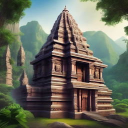 A highly realistic depiction of a serene Hindu temple nestled in the mountains, surrounded by lush greenery