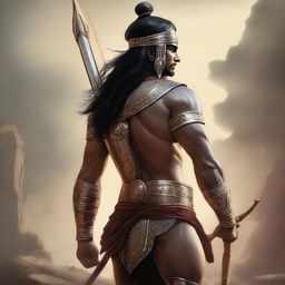 A detailed and realistic depiction of Ashwatthama, the legendary warrior from the Mahabharata, shown from the back or side so that his face is not visible