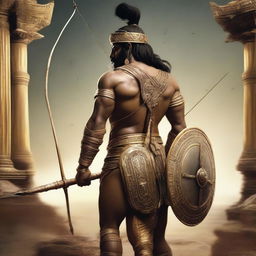 A detailed and realistic depiction of Ashwatthama, the legendary warrior from the Mahabharata, shown from the back or side so that his face is not visible