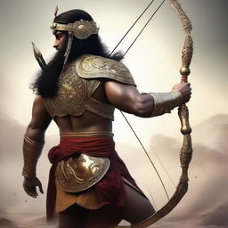 A detailed and realistic depiction of Ashwatthama, the legendary warrior from the Mahabharata, shown from the back or side so that his face is not visible