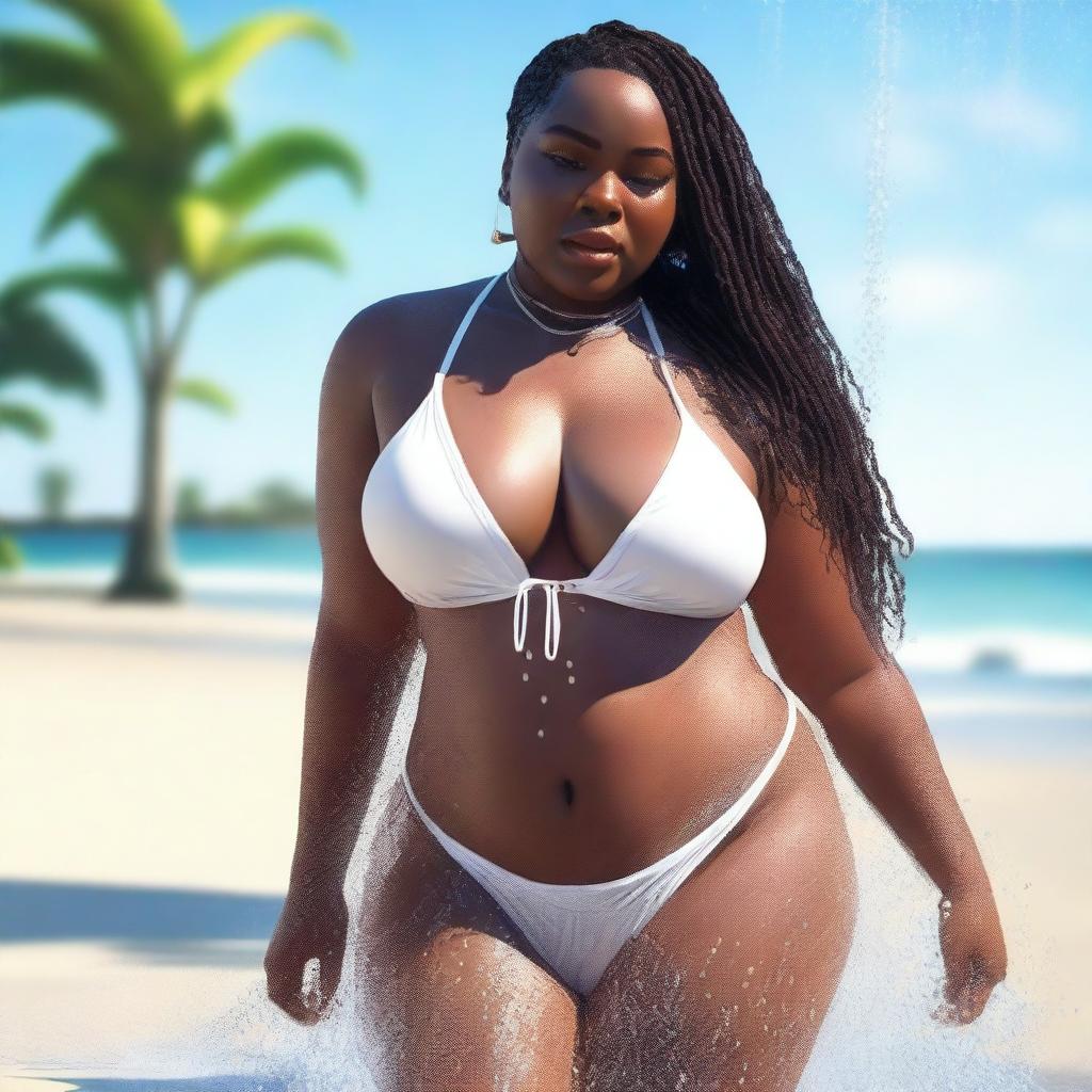 A plus-sized ebony woman with box braids, wearing a white transparent string bikini, is enjoying a shower at a public beach shower