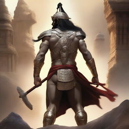 A detailed and realistic depiction of Ashwatthama, the legendary warrior from the Mahabharata, shown from the back or side so that his face is not visible