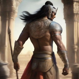 A detailed and realistic depiction of Ashwatthama, the legendary warrior from the Mahabharata, shown from the back or side so that his face is not visible