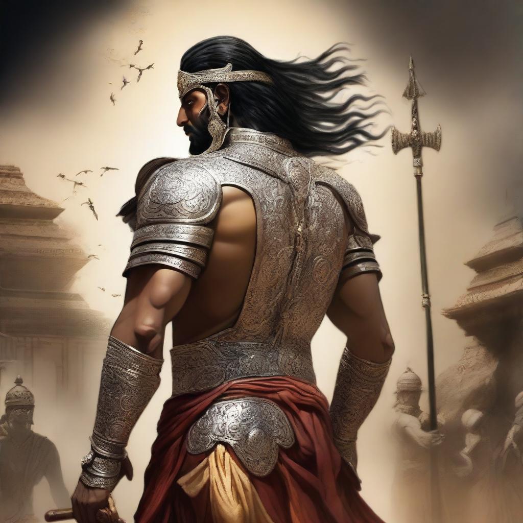 A detailed and realistic depiction of Ashwatthama, the legendary warrior from the Mahabharata, shown from the back or side so that his face is not visible