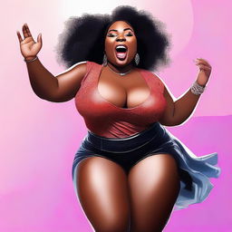 A confident and sexy plus-sized ebony woman with a big bosom and big booty, dancing with energy and joy