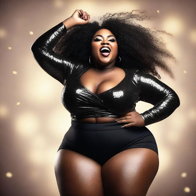 A confident and sexy plus-sized ebony woman with a big bosom and big booty, dancing with energy and joy