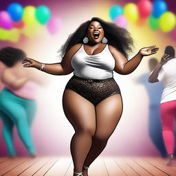 A confident and sexy plus-sized ebony woman with a big bosom and big booty, dancing with energy and joy