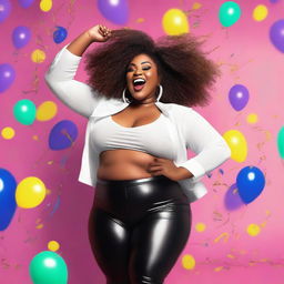 A confident and sexy plus-sized ebony woman with a big bosom and big booty, dancing with energy and joy